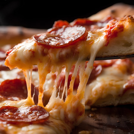 Pizza with salami and mozzarella cheese on a black backgroundの素材