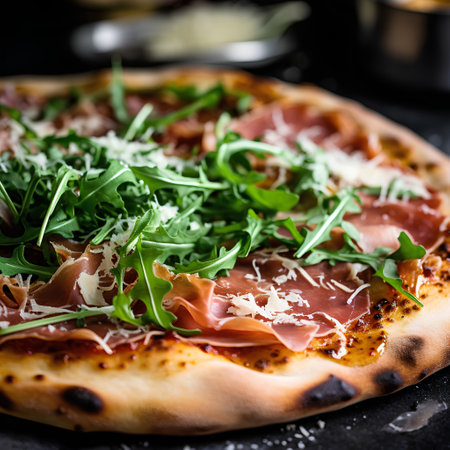 Pizza with prosciutto, arugula and parmesan cheese on black backgroundの素材