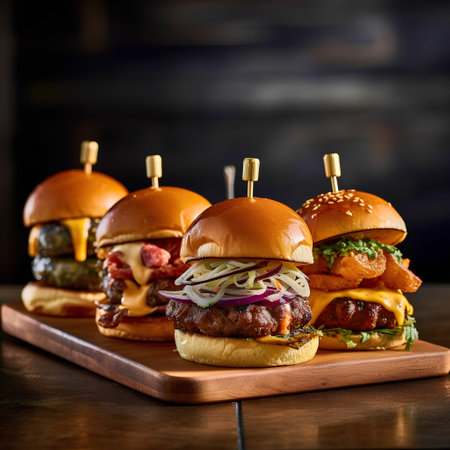 Delicious cheeseburgers on wooden board over dark background.の素材