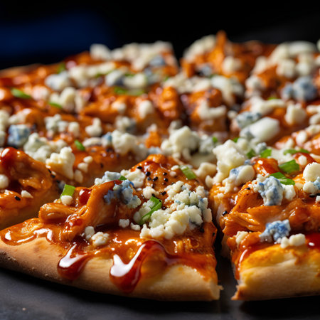 Pizza with salmon, blue cheese and sauce on a black backgroundの素材