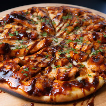 Pizza with chicken, mushrooms and sauce on a wooden board.の素材