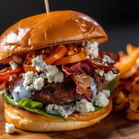 Bacon burger with gorgonzola cheese and vegetables on wooden boardの素材