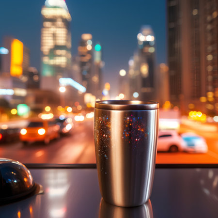 Cup of coffee on blurred background of cityscape at night.の素材