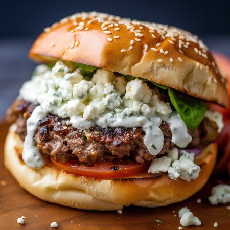 Beef burger with tomato, onion and blue cheese on wooden backgroundの素材