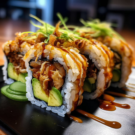 Sushi roll with eel, avocado, cucumber and fried onion.の素材