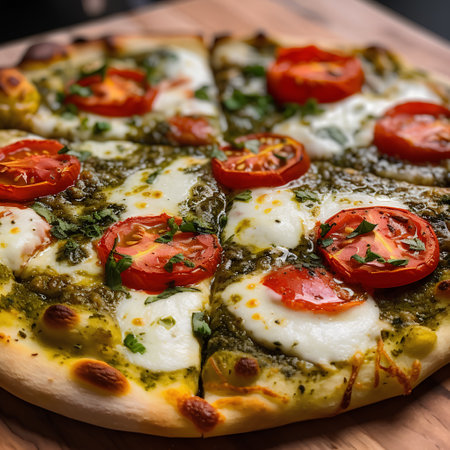 Pizza with mozzarella cheese, cherry tomatoes and basil on a wooden backgroundの素材