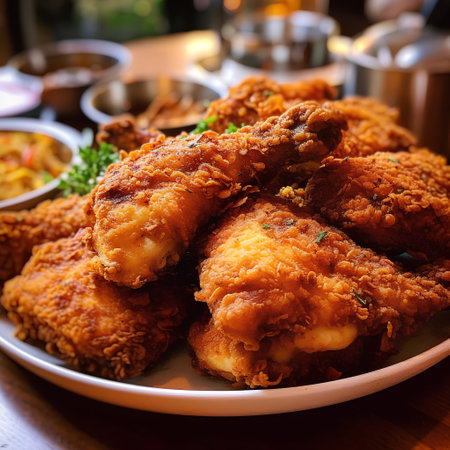 Crispy fried chicken in a plate on a wooden table.の素材