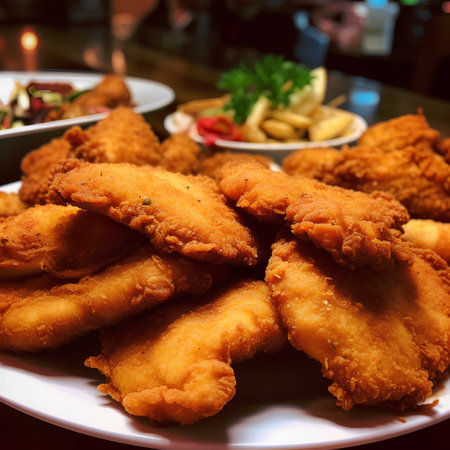 Fried chicken nuggets on a plate. Selective focus.の素材