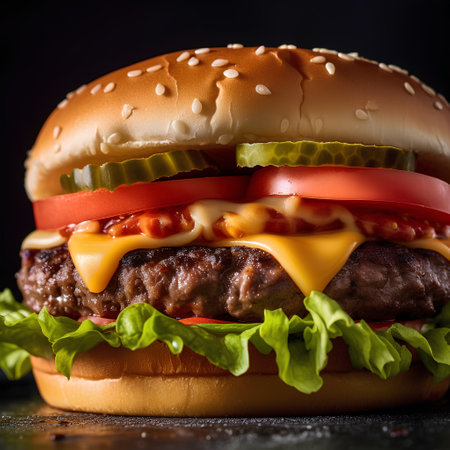 Close up of tasty hamburger with beef, tomato and cheese on black backgroundの素材