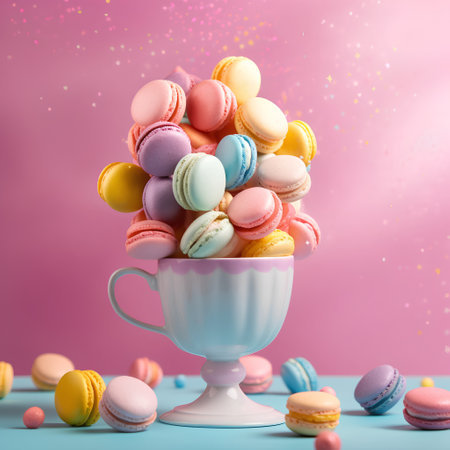 Colorful macaroons in a vase on a pink backgroundの素材