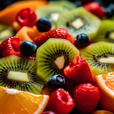 Fruit salad with kiwi, orange, strawberry and blueberry. Healthy food concept.の素材