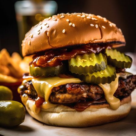 Cheese burger - American cheese burger with Golden French fries and ketchupの素材