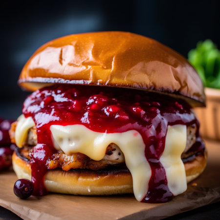 Homemade hamburger with cranberry sauce and cheese on dark backgroundの素材