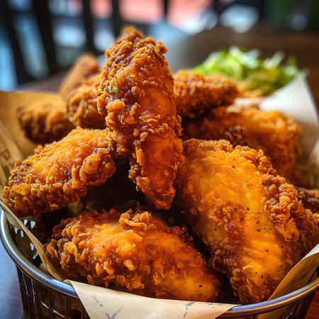 Crispy fried chicken wings in a basket. Toned.の素材