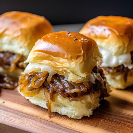 Homemade hamburger buns with beef and onion on wooden boardの素材