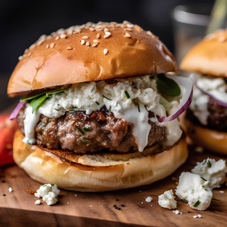 Beef burger with mozzarella cheese and arugula.の素材