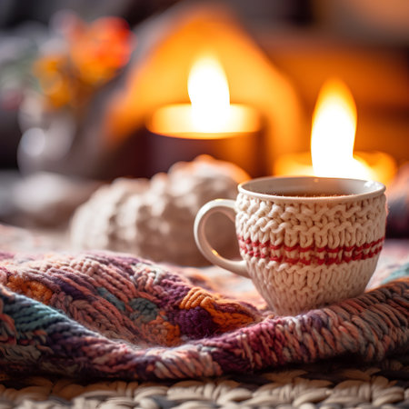 Cup of coffee wrapped in a warm scarf on a wooden backgroundの素材