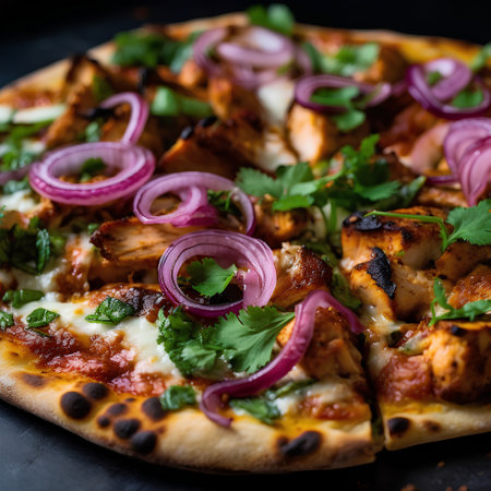 Pizza with chicken, cheese and red onion on a dark backgroundの素材