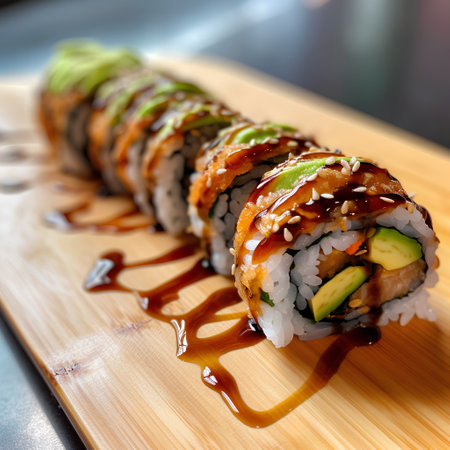 Sushi roll with salmon, avocado, cucumber and sesame seeds on a wooden board.の素材