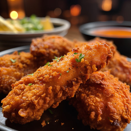 Fried chicken nuggets on a black plate. Selective focus.の素材