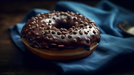 Chocolate donut on a blue napkin on a wooden backgroundの素材