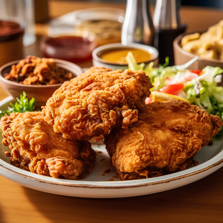 Crispy fried chicken with french fries and salad on a plateの素材