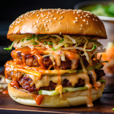 Close up of tasty cheeseburger with meat, cheese and vegetablesの素材