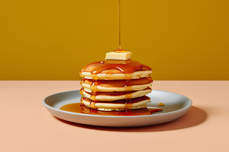 Pancakes with maple syrup and butter. 3d illustration.の素材
