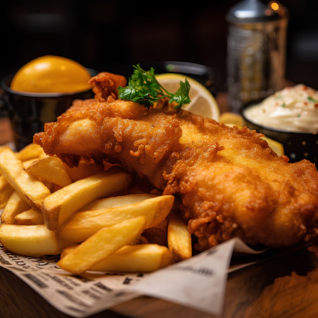 Traditional fish and chips on a wooden board. Selective focus.の素材