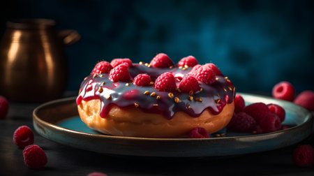 Donut with chocolate glaze and fresh raspberries on dark backgroundの素材