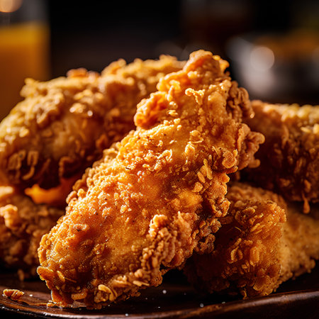 Fried chicken nuggets on a wooden plate. Selective focus.の素材