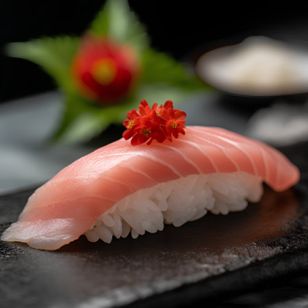 Salmon sushi on a black background. Japanese food. Sushi menu.の素材