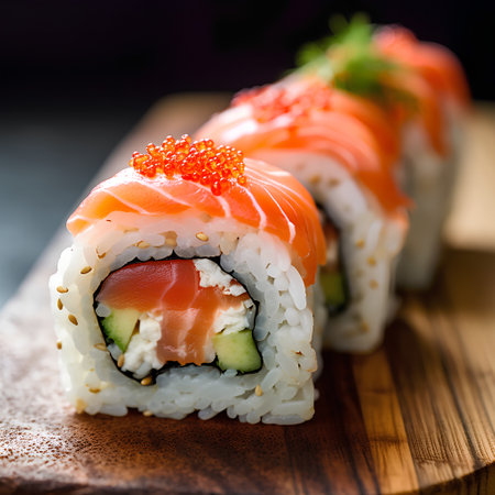 Sushi roll with salmon, avocado, cucumber and cream cheese on a black backgroundの素材