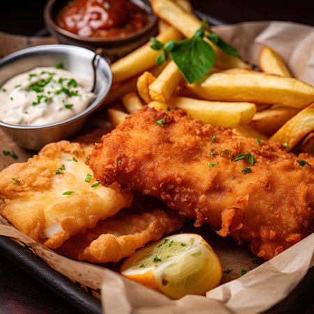 Fried fish and chips with tartar sauce on a wooden tableの素材