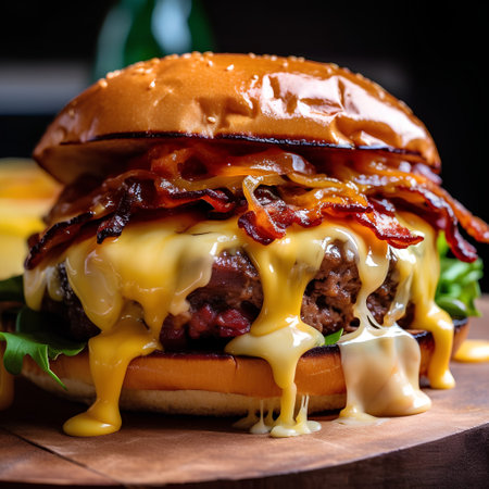 Delicious hamburger with bacon and cheese on a wooden table.の素材