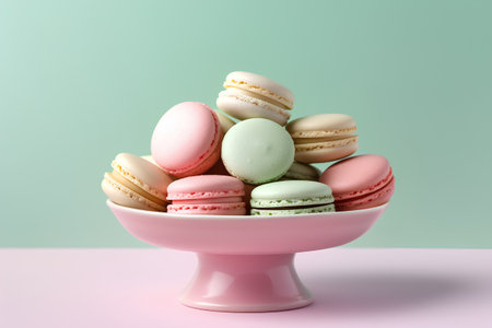 Colorful macaroons in a pink bowl on pastel backgroundの素材