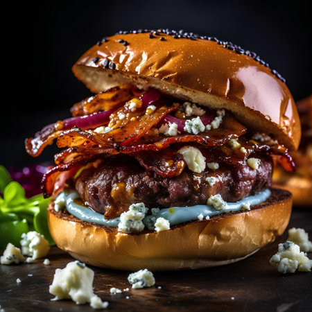 Bacon burger with bacon, onion and blue cheese on a dark backgroundの素材