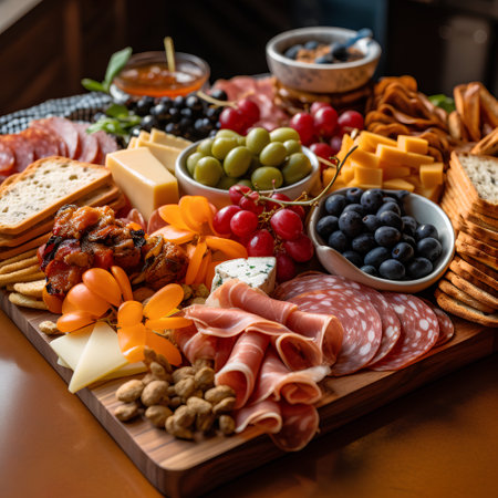 Antipasto board with ham, salami, cheese, crackers and grapesの素材