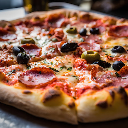 Pizza with salami, olives and mozzarella cheese. Italian foodの素材