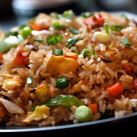 Fried rice with chicken and vegetables on a black plate. Close up.の素材