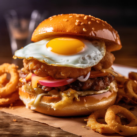 Cheese burger - American cheese burger with Golden French fries onion ringsの素材