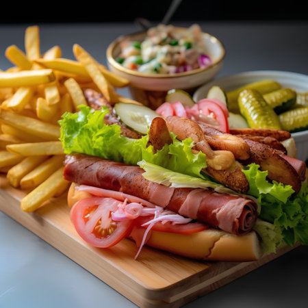 Sandwich with ham, bacon, cheese, lettuce and french friesの素材