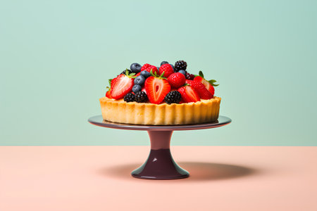 Fruit tart with berries on pastel background. 3d renderingの素材