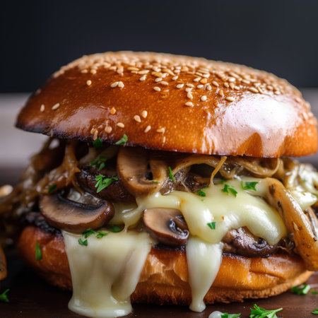 Hamburger with mushrooms, cheese and sauce on a dark backgroundの素材