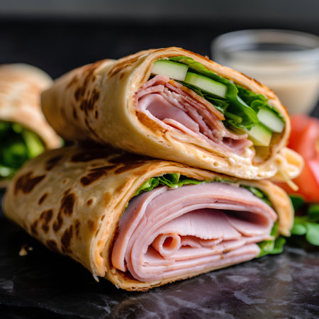 Tortilla wraps with ham, cheese and vegetables on a black background.の素材