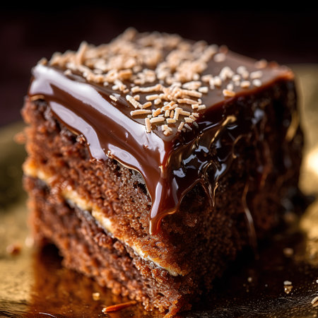 Piece of chocolate cake with chocolate glaze on a dark backgroundの素材