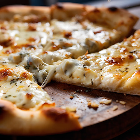 Pizza with mozzarella cheese and herbs on wooden cutting boardの素材