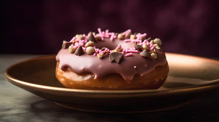 Donut with pink glaze and chocolate sprinkles on a plateの素材