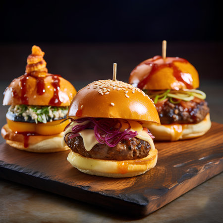 Delicious cheeseburgers on wooden cutting board, closeupの素材