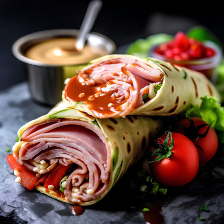 Tortilla wraps with ham, cheese and vegetables on dark backgroundの素材